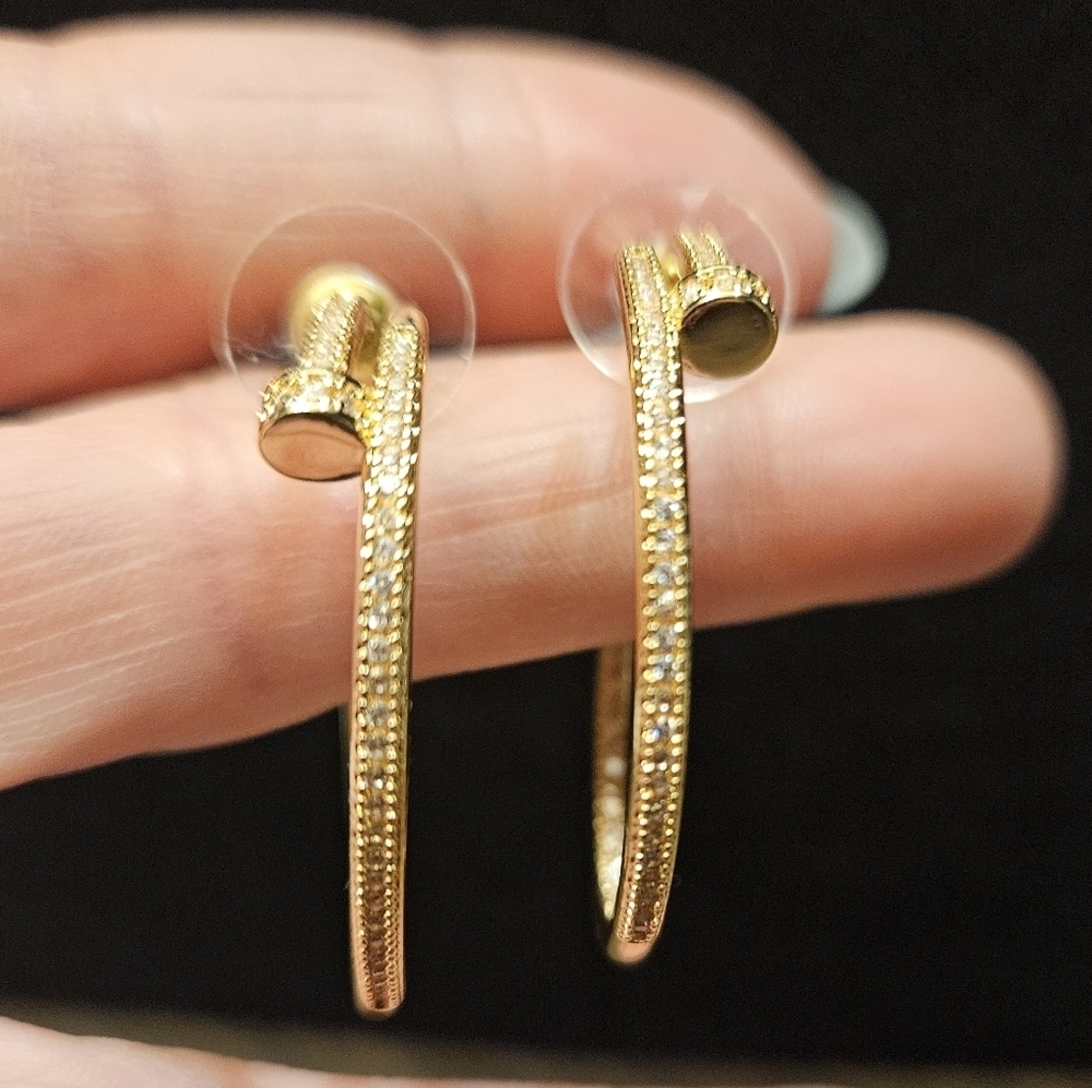 NEW Nail Hoop Earrings - Gold Or Silver - Picture 13 of 16
